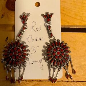 Native American Red Coral Statement Earrings. Genuine Coral and Sterling Silver.